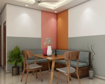 Colourful Dining Room Design with Bench and 2 Chairs